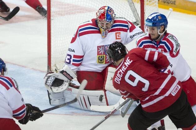Matt Duchene (CAN), from front, and Tomas Kundratek and goalkeeper Pavel Francouz (both CZE) in action during the friendly match Czech Republic vs Canada in Prague, Czech Republic, on Tuesday, May 3, 2016. (CTKxPhoto MichalxKamaryt) CTKPhotoP201605030953501  kmt 6