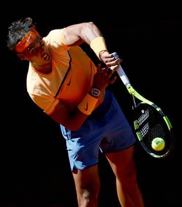Spanish tennis player Rafael Nadal returns the ball to Russian Andrey Kuznetsov during their Mutua Madrud Open match held at Caja Magica court in Madrid, Spain, 3 May 2016. RAFAEL NADAL VS ANDREY KUZNETSOV !ACHTUNG: NUR REDAKTIONELLE NUTZUNG!  MAD003 20160503-635979017207015559