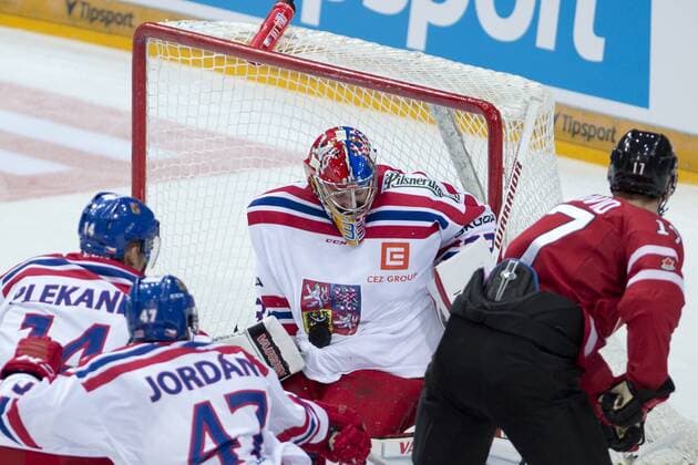 Tomas Plekanec, from left, Michal Jordan and goalkkeper Pavel Francouz (all CZE) and Connor McDavid (CAN) in action during the friendly match Czech Republic vs Canada in Prague, Czech Republic, on Tuesday, May 3, 2016. (CTKxPhoto MichalxKamaryt) CTKPhotoP201605030988101  kmt 9