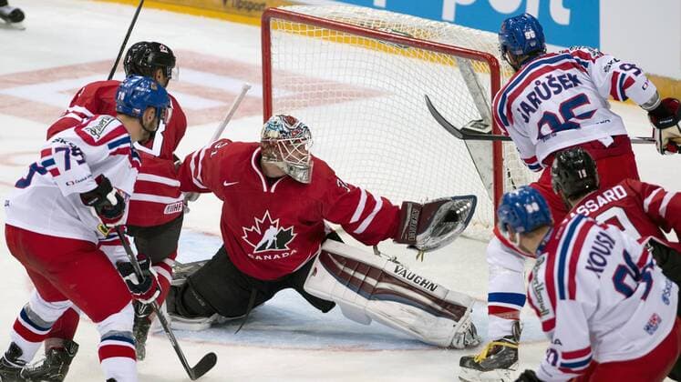 Tomas Zohorna (CZE), from left, Matt Dumba and goalkeeper Calvin Pickard (both CAN), Richard Jarusek (CZE), Robert Kousal (CZE) and Derick Brassard (CAN) in action during the friendly match Czech Republic vs Canada in Prague, Czech Republic, on Tuesday, May 3, 2016. (CTKxPhoto MichalxKamaryt) CTKPhotoP201605030992501  kmt 12