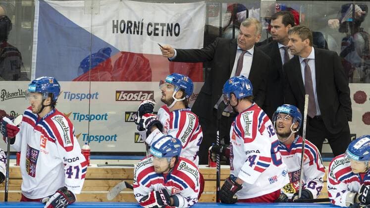 Czech head coach Vladimir Vujtek, from left, and his assistants Jaroslav Spacek and Josef Jandac during the friendly match Czech Republic vs Canada in Prague, Czech Republic, on Tuesday, May 3, 2016. (CTKxPhoto MichalxKamaryt) CTKPhotoP201605031032201  kmt 16