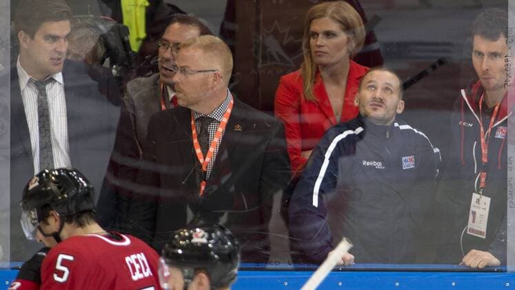 Czech conditioning coach Michal Hamrsmid, second from right, watches the friendly match Czech Republic vs Canada in Prague, Czech Republic, on Tuesday, May 3, 2016. (CTKxPhoto MichalxKamaryt) CTKPhotoP201605031039901  kmt 18