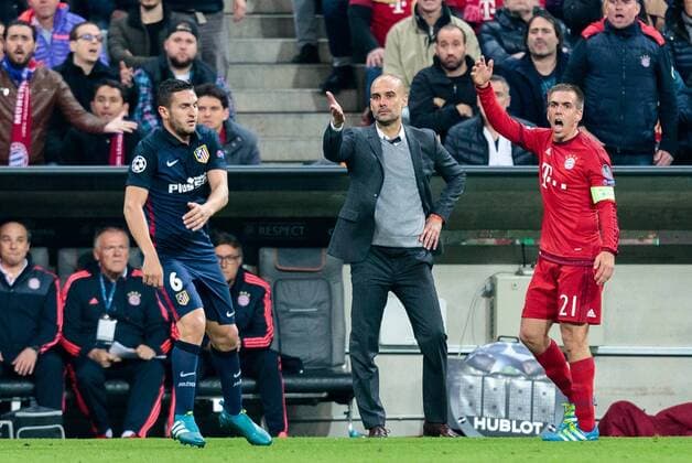 03.05.2016, Allianz Arena, Muenchen, GER, UEFA CL, FC Bayern Muenchen vs Atletico Madrid, Halbfinale, Rueckspiel, im Bild Koke (Atletico Madrid), Trainer Pep Guardiola (FC Bayern Muenchen), Philipp Lahm (FC Bayern Muenchen) Koke (Atletico Madrid) Trainer Pep Guardiola (FC Bayern Muenchen) Philipp Lahm (FC Bayern Muenchen) during the UEFA Champions League semi Final, 2nd Leg match between FC Bayern Munich and Atletico Madrid at the Allianz Arena in Muenchen, Germany on 2016 05 03. Muenchen EP_fei