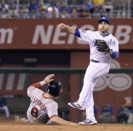 May 3, 2016 - Kansas City, MO, USA - Kansas City Royals second baseman Omar Infante forces out the Washington Nationals Danny Espinosa (8) at second in the fifth inning on Tuesday, May 3, 2016, at Kauffman Stadium in Kansas City, Mo. Washington at Kansas City - ZUMAm67_