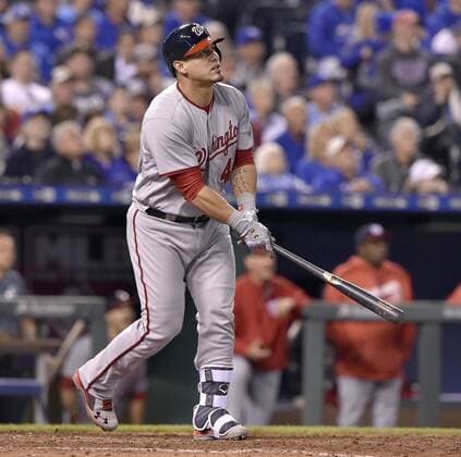 May 3, 2016 - Kansas City, MO, USA - The Washington Nationals Wilson Ramos watches his fly ball double in the sixth inning against the Kansas City Royals on Tuesday, May 3, 2016, at Kauffman Stadium in Kansas City, Mo. Washington at Kansas City - ZUMAm67_