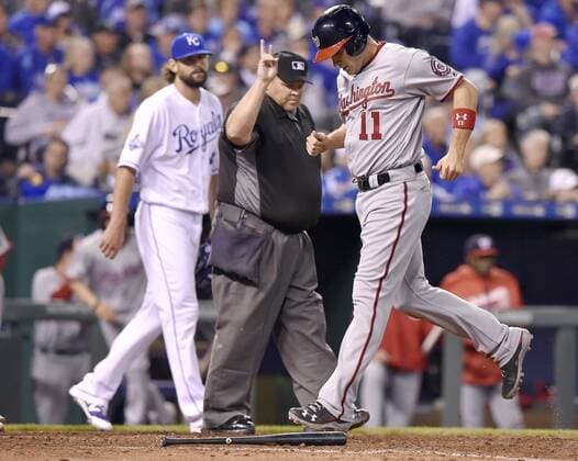 May 3, 2016 - Kansas City, MO, USA - The Washington Nationals Ryan Zimmerman (11) scores in front of Kansas City Royals pitcher Luke Hochevar on a fly ball double by Wilson Ramos in the sixth inning on Tuesday, May 3, 2016, at Kauffman Stadium in Kansas City, Mo. Washington at Kansas City - ZUMAm67_