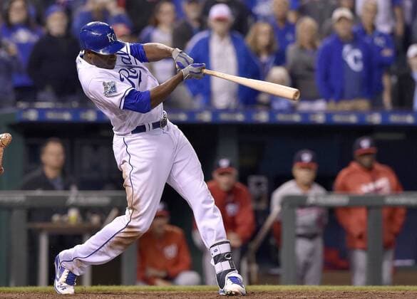 May 3, 2016 - Kansas City, MO, USA - The Kansas City Royals Lorenzo Cain follows through on the game-winning hit in a 7-6 win against the Washington Nationals on Tuesday, May 3, 2016, at Kauffman Stadium in Kansas City, Mo. Washington at Kansas City - ZUMAm67_