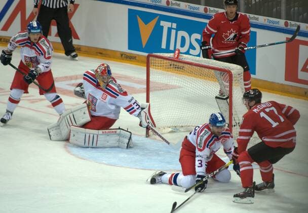 Connor McDavid (CAN), from right, Tomas Voracek (CZE) and goalie Pavel Francouz (CZE) in action during the friendly match Czech Republic vs Canada in Prague, Czech Republic, on Tuesday, May 3, 2016. (CTKxPhoto HonzaxJan) CTKPhotoF201605040278301 