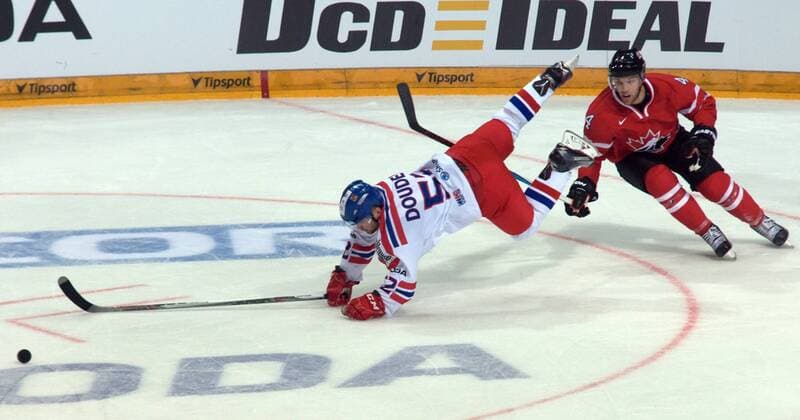 Milan Doudera (CZE), left, and Taylor Hall (CAN) in action during the friendly match Czech Republic vs Canada in Prague, Czech Republic, on Tuesday, May 3, 2016. (CTKxPhoto HonzaxJan) CTKPhotoF201605040278801 