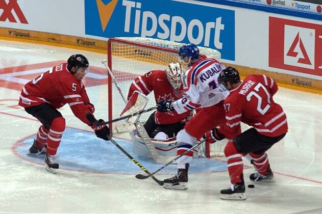 Cody Ceci (CAN), from left, Dominik Kubalik (CZE) and Ryan Murray (CAN) in action during the friendly match Czech Republic vs Canada in Prague, Czech Republic, on Tuesday, May 3, 2016. (CTKxPhoto HonzaxJan) CTKPhotoF201605040278901 