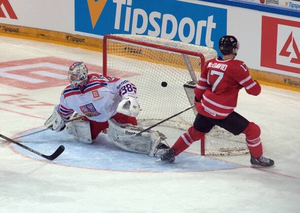 Goalkeeper Pavel Francouz (CZE) and Connor McDavid (CAN) in action during the friendly match Czech Republic vs Canada in Prague, Czech Republic, on Tuesday, May 3, 2016. (CTKxPhoto HonzaxJan) CTKPhotoF201605040279101 