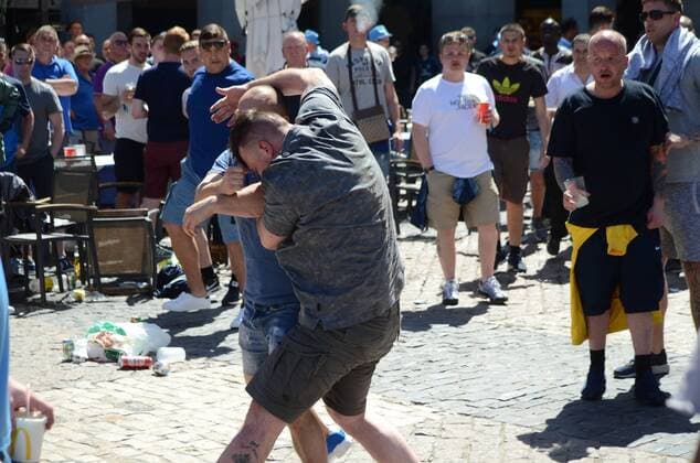 Manchester City fans fight among themselves Two Manchester City fans pictured hitting each other in Madrid. Nearly 10,000 Manchester City fans travel to Madrid to watch the semi-final UEFA Champions League match between Real Madrid (Spain) and Manchester City F.C (England). Supporters congregate in the streets around Plaza Mayor in central Madrid prior the game.  JORGExSANZxGARCIA