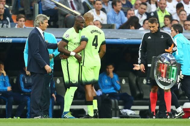 Vincent Kompany of Manchester City substituted for Eliaquim Mangala during the UEFA Champions League Semi Final 2nd leg match at the Santiago Bernabeu stadium. Photo credit should read: Philip Oldham Sportimage EDITORIAL USE ONLY. No use with unauthorised audio, video, data, fixture lists, club league logos or live services. Online in-match use limited to 120 images, no video emulation. No use in betting, games or single club league player publications.