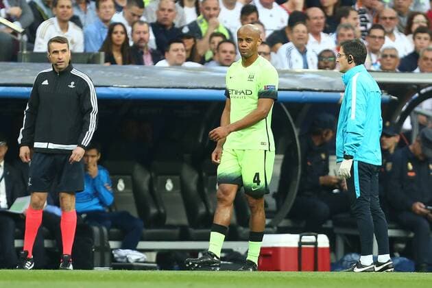 Vincent Kompany of Manchester City dejected during the UEFA Champions League Semi Final 2nd leg match at the Santiago Bernabeu stadium. Photo credit should read: Philip Oldham Sportimage EDITORIAL USE ONLY. No use with unauthorised audio, video, data, fixture lists, club league logos or live services. Online in-match use limited to 120 images, no video emulation. No use in betting, games or single club league player publications.