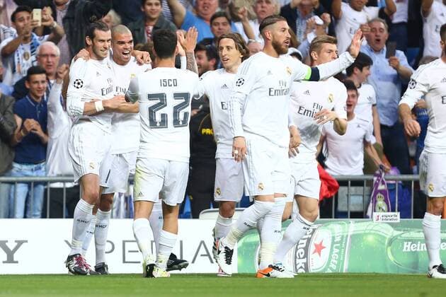 Gareth Bale of Real Madrid celebrates his opening goal during the UEFA Champions League Semi Final 2nd leg match at the Santiago Bernabeu stadium. Photo credit should read: Philip Oldham Sportimage EDITORIAL USE ONLY. No use with unauthorised audio, video, data, fixture lists, club league logos or live services. Online in-match use limited to 120 images, no video emulation. No use in betting, games or single club league player publications.