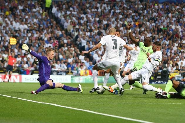 Sergio Ramos of Real Madrid scores but has it disallowed for offside during the UEFA Champions League Semi Final 2nd leg match at the Santiago Bernabeu stadium. Photo credit should read: Philip Oldham Sportimage EDITORIAL USE ONLY. No use with unauthorised audio, video, data, fixture lists, club league logos or live services. Online in-match use limited to 120 images, no video emulation. No use in betting, games or single club league player publications.