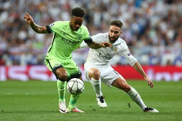 Raheem Sterling of Manchester City turns Isco of Real Madrid during the UEFA Champions League Semi Final 2nd leg match at the Santiago Bernabeu stadium. Photo credit should read: Philip Oldham Sportimage EDITORIAL USE ONLY. No use with unauthorised audio, video, data, fixture lists, club league logos or live services. Online in-match use limited to 120 images, no video emulation. No use in betting, games or single club league player publications.