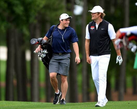 May 4, 2016 - Charlotte, NC, USA - Carolina Panthers linebacker Luke Kuechly, left, and tight end Greg Olsen talk as they walk to the first green at Quail Hollow Club in Charlotte, N.C., on Wednesday, May 4, 2016. Kuechly served as Olsen s caddie during a Pro-Am. Wells Fargo Pro-Am - ZUMAm67_