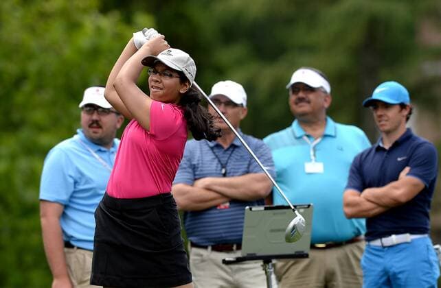 May 4, 2016 - Charlotte, NC, USA - Meghna Mazumdar, 13, follows through on her drive from the eighth tee box during a Pro-Am at Quail Hollow Club in Charlotte, N.C., on Wednesday, May 4, 2016. Mazumdar represented the First Tee of Connecticut. Wells Fargo Pro-Am - ZUMAm67_