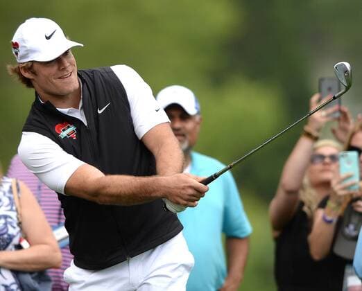 May 4, 2016 - Charlotte, NC, USA - Carolina Panthers tight end Greg Olsen prepares to chip onto the first green during a Pro-Am at Quail Hollow Club in Charlotte, N.C., on Wednesday, May 4, 2016. Wells Fargo Pro-Am - ZUMAm67_