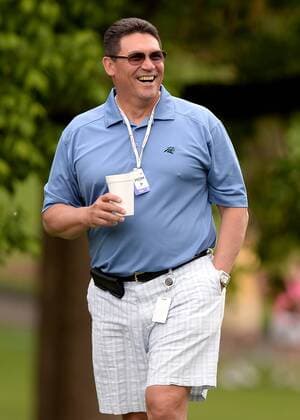 May 4, 2016 - Charlotte, NC, USA - Carolina Panthers head coach Ron Rivera laughs as he watches tight end Greg Olsen and linebacker Luke Kuechly interact during a Pro-Am at Quail Hollow Club in Charlotte, N.C., on Wednesday, May 4, 2016. Wells Fargo Pro-Am - ZUMAm67_