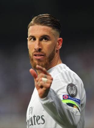 Fußball, CL, Real Madrid - Manchester City Sergio Ramos (Real Madrid) gestures to the assistant during the UEFA Champions League semifinal match between Real Madrid and Manchester City played at Estadio Santiago Bernabeu, Madrid -  xJ.M.Colomox xx