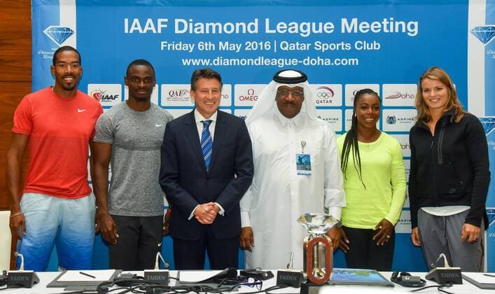 (160505) -- DOHA, May 5, 2016 -- Christian Taylor of the United States, Femi Ogunode of Qatar, President of the International Association of Athletics Federation (IAAF) Sebastian Coe, Qatar Athletics Federation President (QAF) Dahlan Al Hamad, Jamaica s Veronica Campbell-Brown and the Netherlands Dafne Schippers (L to R) pose for pictures after the press conference PK Pressekonferenz for the 2016 IAAF Diamond League in Doha, capital of Qatar, May 5, 2016. Nikku) (SP)QATAR-DOHA-IAAF DIAMOND LEAGUE-PRESS CONFERENCE yangyuanyong 