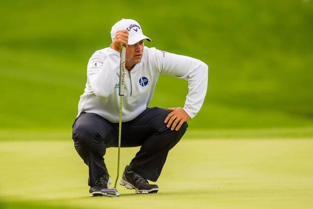 Golfer Brian Stuard gets a read on his putt on the 14th hole during the PGA Golf Herren Wells Fargo Championship on Thursday, May 5, 2016 at Quail Hallow Country Club in Charlotte, NC. David Grooms CSM PGA 2016: Wells Fargo Championship MAR 5 - ZUMAc04_