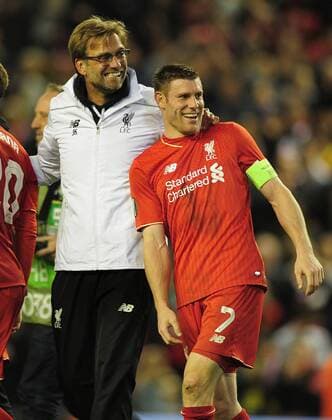 Football - 2015 2016 Europa League - Semi-Final, Second Leg: Liverpool 0 Villarreal CF 1 Liverpool Manager Jurgen Klopp celebrates at the final whistle with James Milner at Anfield. COLORSPORT ANDREW COWIE 