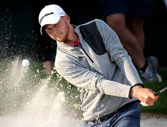 May 5, 2016 - Charlotte, NC, USA - Daniel Berger hits from a sand trap along the 18th green during the first round of the Wells Fargo Championship at Quail Hollow Club in Charlotte, N.C., on Thursday, May 5, 2016. Wells Fargo Championship - ZUMAm67_