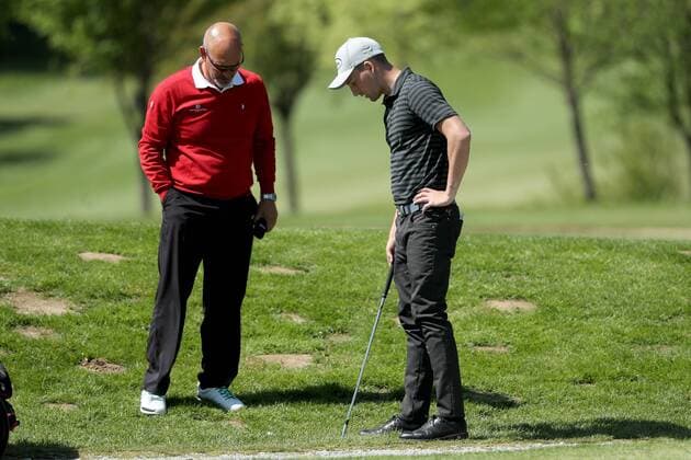 GOLF - Goesser Open 2016 GRAZ,AUSTRIA,06.MAY.16 - GOLF - Alps Tour, Goesser Open, Goesser Open, GC Erzherzog Johann. Image shows Tobias Nemecz (AUT) and a referee. GEPAxpictures xDanielxGoetzhaber
