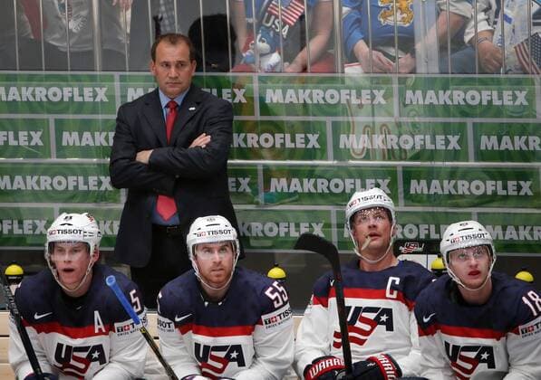 ST. PETERSBURG, RUSSIA. MAY 6, 2016. Assistant coach Todd Richards (background) and defencemen Connor Murphy, David Warsofsky, captain Matt Hendricks, and forward Kyle Connor (L-R front) of the United States seen during their 2016 IIHF World Championship WM Weltmeisterschaft Preliminary Round Group B Ice hockey Eishockey match against Canada at the Yubileyny Sports Palace. Sergei Savostyanov TASS  TS021D3E