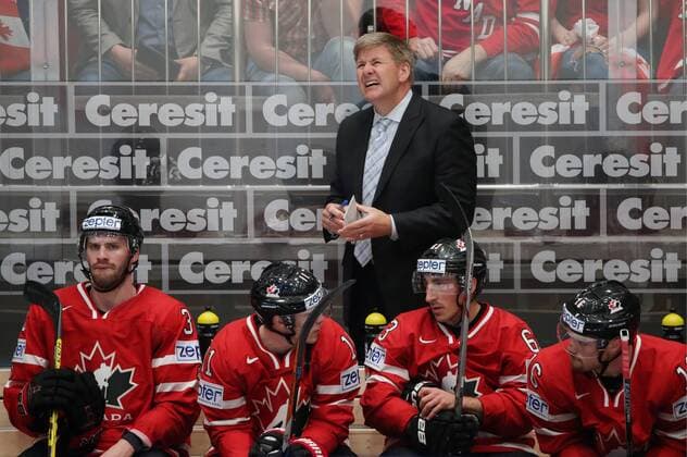 ST. PETERSBURG, RUSSIA. MAY 6, 2016. Head coach Bill Peters (background) and forwards Boone Jenner, Brendan Gallagher, Brad Marchand, Max Domi (L-R front) of Canada seen during their 2016 IIHF World Championship WM Weltmeisterschaft Preliminary Round Group B Ice hockey Eishockey match against the United States at the Yubileyny Sports Palace. Sergei Savostyanov TASS  TS021D41