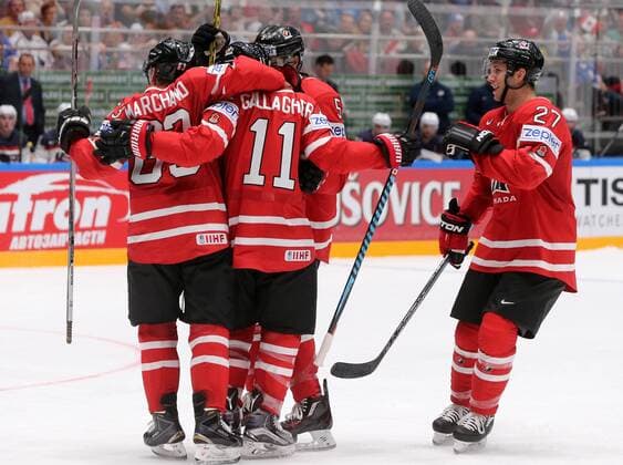 ST. PETERSBURG, RUSSIA. MAY 6, 2016. Canada s Brad Marchand, Brendan Gallagher, and Ryan Murray (L-R) celebrate scoring in their 2016 IIHF World Championship WM Weltmeisterschaft Preliminary Round Group B Ice hockey Eishockey match against the United States at the Yubileyny Sports Palace. Alexander Demianchuk TASS  TS021D46