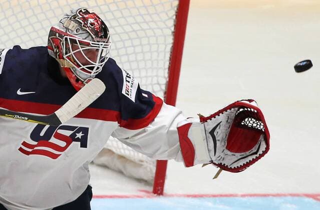 ST. PETERSBURG, RUSSIA. MAY 6, 2016. United States goalie Keith Kinkaid in action in the 2016 IIHF World Championship WM Weltmeisterschaft Preliminary Round Group B Ice hockey Eishockey match against Canada at the Yubileyny Sports Palace. Team Canada won the game 5-1. Sergei Savostyanov TASS  TS021D8E