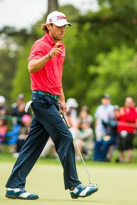Golfer Andrew Loupe give a wave to the crowd after making a birdie putt on the ninth green during the Wells Fargo Championship on Friday, May 6, 2016 at Quail Hallow Country Club in Charlotte, NC. David Grooms CSM PGA Golf Herren 2016: Wells Fargo Championship MAR 6 - ZUMAc04_