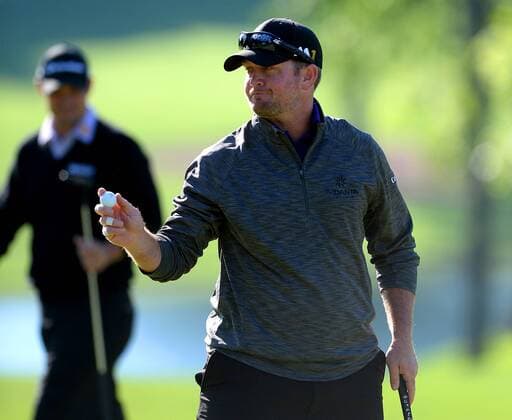 May 5, 2016 - Charlotte, NC, USA - Steve Wheatcroft acknowledges the applause of the gallery after sinking a putt on the 15th green during second round action of the Wells Fargo Championship at Quail Hollow Club on May 6, 2016 in Charlotte, N.C. Wheatcroft finished the round at -5. Wells Fargo Championship - ZUMAm67_