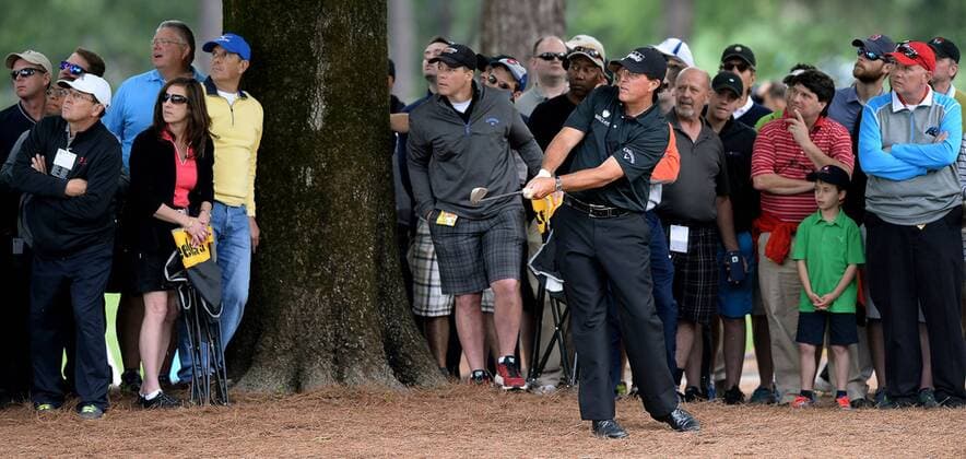 May 5, 2016 - Charlotte, NC, USA - Phil Mickelson watches the path of his second shot from the ninth fairway during second round action of the Wells Fargo Championship at Quail Hollow Club on May 6, 2016 in Charlotte, N.C. Mickelson finished the round at -5. Wells Fargo Championship - ZUMAm67_