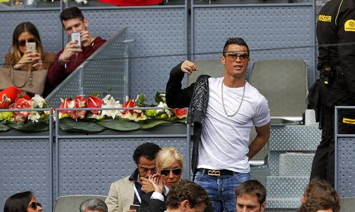 Manolo Santana, Cristiano Ronaldo. Mutua Madrid Open game between Nadal and Sousa. In this picture, Manolo Santana, Cristiano Ronaldo. xPabloxGarciax 