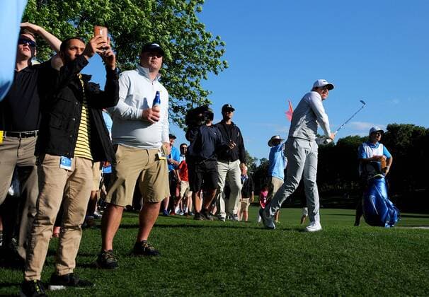 May 5, 2016 - Charlotte, NC, USA - Rory McIlroy, right, watches his second shot along the 18th fairway during the second round of the Wells Fargo Championship at Quail Hollow Club on Friday, May 6, 2016, in Charlotte, N.C. Wells Fargo Championship - ZUMAm67_