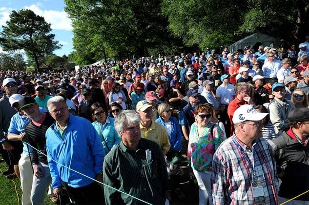 May 5, 2016 - Charlotte, NC, USA - Fans line the 16th fairway during the second round of the Wells Fargo Championship at Quail Hollow Club on Friday, May 6, 2016, in Charlotte, N.C. Wells Fargo Championship - ZUMAm67_