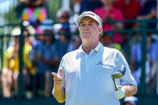 May 06, 2016: Peter Jacobsen reacts to his tee shot on 1 during round 1 of the 2016 Champions Tour Insperity Invitational, The Woodlands Country Club, The Woodlands, Texas. (Photo by Ken Murray Icon Sportswire) GOLF: MAY 06 Champions Tour - Insperity Invitational - First Round Icon201605062016018 EDITORIAL USE ONLY