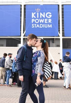 Leicester City fans from Italy, Rome, embrace each other before the Barclays Premier League match at the King Power Stadium Leicester. Photo credit should read: Nathan Stirk Sportimage - Newcastle Utd vs Tottenham - St James Park Stadium - Newcastle Upon Tyne - England - 19th April 2015 - Picture Phil Oldham Sportimage EDITORIAL USE ONLY. No use with unauthorised audio, video, data, fixture lists, club league logos or live services. Online in-match use limited to 120 images, no video emulation. No use in betting, games or single club league player publications.