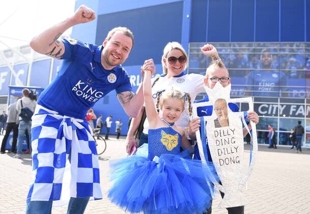 Leicester city fans celebrate before the Barclays Premier League match at the King Power Stadium Leicester. Photo credit should read: Nathan Stirk Sportimage - Newcastle Utd vs Tottenham - St James Park Stadium - Newcastle Upon Tyne - England - 19th April 2015 - Picture Phil Oldham Sportimage EDITORIAL USE ONLY. No use with unauthorised audio, video, data, fixture lists, club league logos or live services. Online in-match use limited to 120 images, no video emulation. No use in betting, games or single club league player publications.