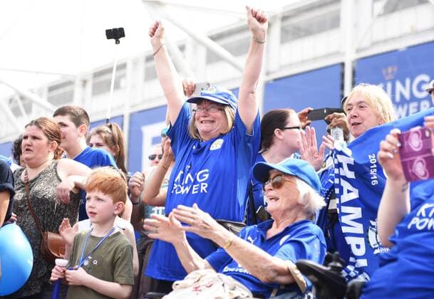 Leicester city fans celebrate before the Barclays Premier League match at the King Power Stadium Leicester. Photo credit should read: Nathan Stirk Sportimage - Newcastle Utd vs Tottenham - St James Park Stadium - Newcastle Upon Tyne - England - 19th April 2015 - Picture Phil Oldham Sportimage EDITORIAL USE ONLY. No use with unauthorised audio, video, data, fixture lists, club league logos or live services. Online in-match use limited to 120 images, no video emulation. No use in betting, games or single club league player publications.