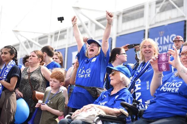 Leicester city fans celebrate before the Barclays Premier League match at the King Power Stadium Leicester. Photo credit should read: Nathan Stirk Sportimage - Newcastle Utd vs Tottenham - St James Park Stadium - Newcastle Upon Tyne - England - 19th April 2015 - Picture Phil Oldham Sportimage EDITORIAL USE ONLY. No use with unauthorised audio, video, data, fixture lists, club league logos or live services. Online in-match use limited to 120 images, no video emulation. No use in betting, games or single club league player publications.