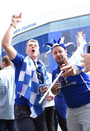 Leicester city fans celebrate before the Barclays Premier League match at the King Power Stadium Leicester. Photo credit should read: Nathan Stirk Sportimage - Newcastle Utd vs Tottenham - St James Park Stadium - Newcastle Upon Tyne - England - 19th April 2015 - Picture Phil Oldham Sportimage EDITORIAL USE ONLY. No use with unauthorised audio, video, data, fixture lists, club league logos or live services. Online in-match use limited to 120 images, no video emulation. No use in betting, games or single club league player publications.