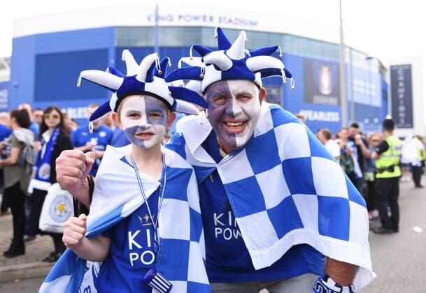 Leicester city fans celebrate before the Barclays Premier League match at the King Power Stadium Leicester. Photo credit should read: Nathan Stirk Sportimage - Newcastle Utd vs Tottenham - St James Park Stadium - Newcastle Upon Tyne - England - 19th April 2015 - Picture Phil Oldham Sportimage EDITORIAL USE ONLY. No use with unauthorised audio, video, data, fixture lists, club league logos or live services. Online in-match use limited to 120 images, no video emulation. No use in betting, games or single club league player publications.
