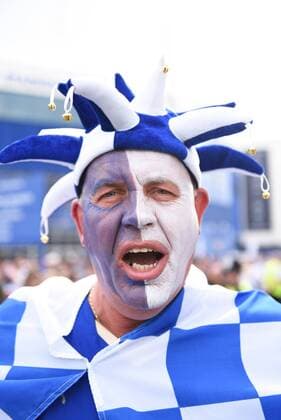 Leicester city fan celebrates before the Barclays Premier League match at the King Power Stadium Leicester. Photo credit should read: Nathan Stirk Sportimage - Newcastle Utd vs Tottenham - St James Park Stadium - Newcastle Upon Tyne - England - 19th April 2015 - Picture Phil Oldham Sportimage EDITORIAL USE ONLY. No use with unauthorised audio, video, data, fixture lists, club league logos or live services. Online in-match use limited to 120 images, no video emulation. No use in betting, games or single club league player publications.