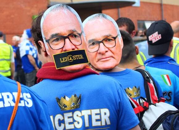 SOCCER - PL, Leicester vs Everton LEICESTER,ENGLAND,07.MAY.16 - SOCCER - Premier League, Leicester City FC vs Everton FC. Image shows fans with masks. GEPAxpictures xCh.xKelemen